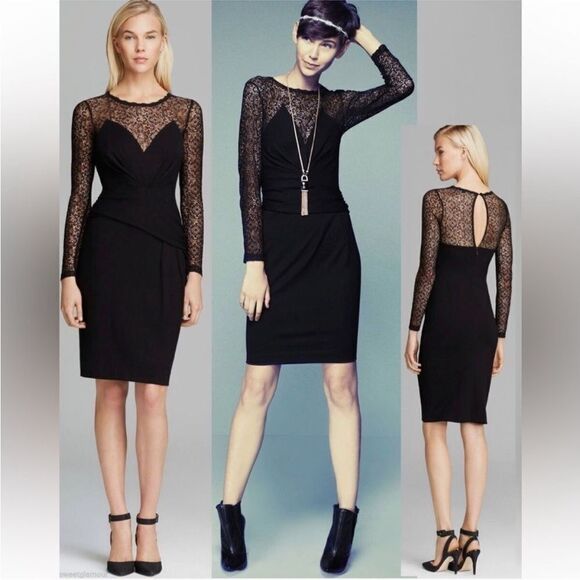 French Connection Chic Black Long Sleeve Dress with Elegant Lace, US2 - Picture 1 of 11